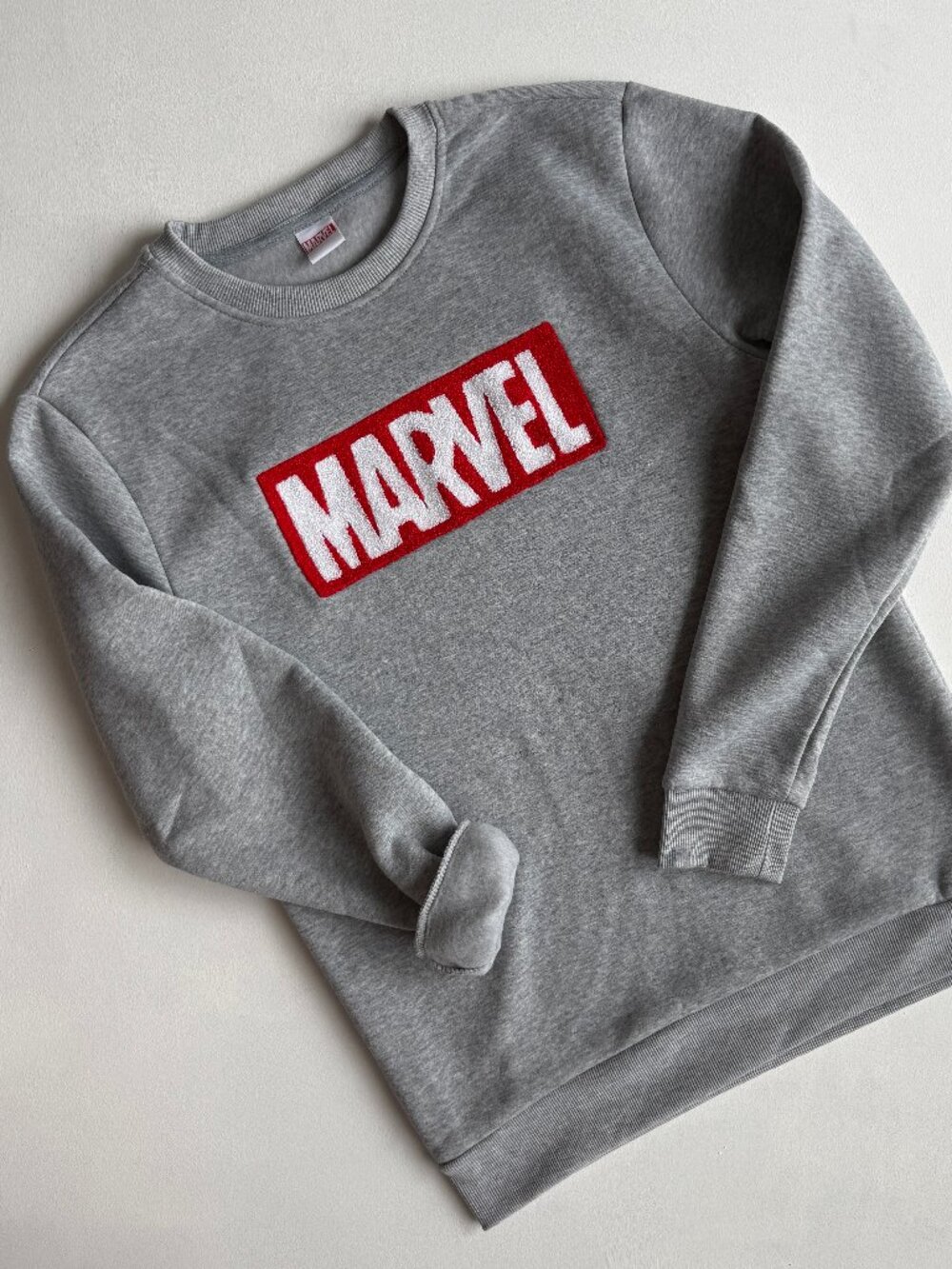 Marvel Crewneck Sweatshirt Grey Chenille Box Logo Pullover Small